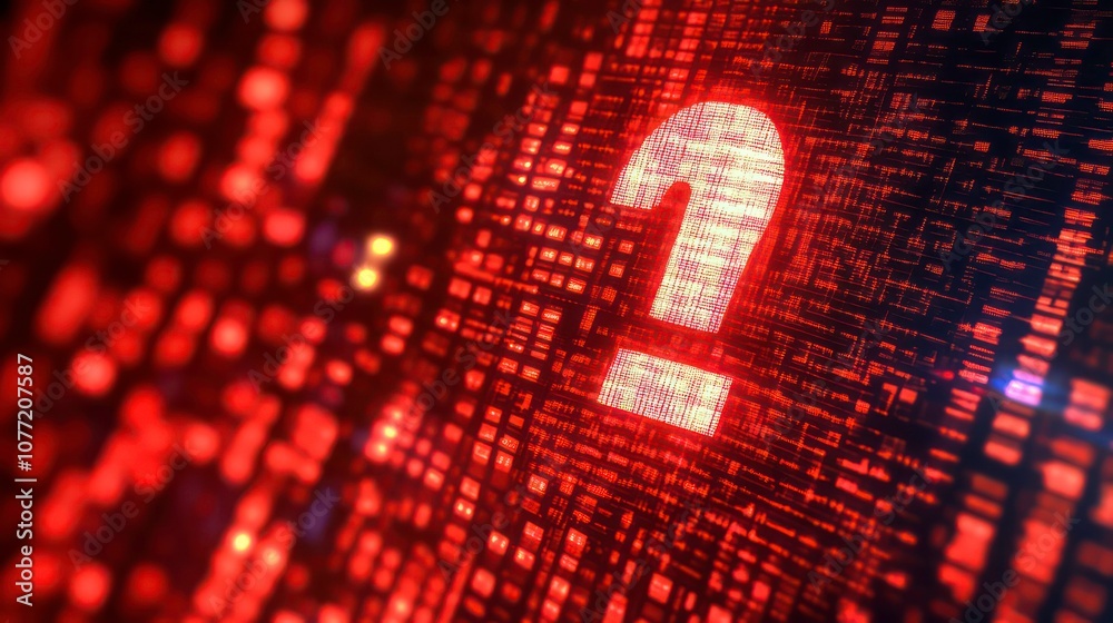 Aufkleber a glowing white question mark on a red digital background.
