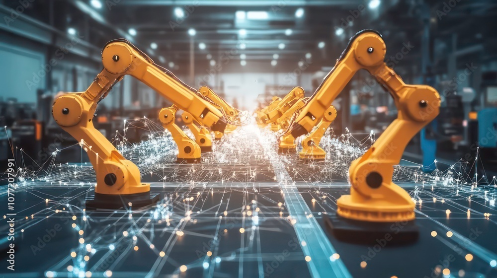 Fototapete a line of yellow robotic arms in an industrial factory setting with a network of glowing lines conne