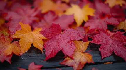 Vibrant autumn maple leaves in shades of red and orange on wooden surface, creating warm and inviting atmosphere. leaves are glistening with moisture, enhancing their rich colors