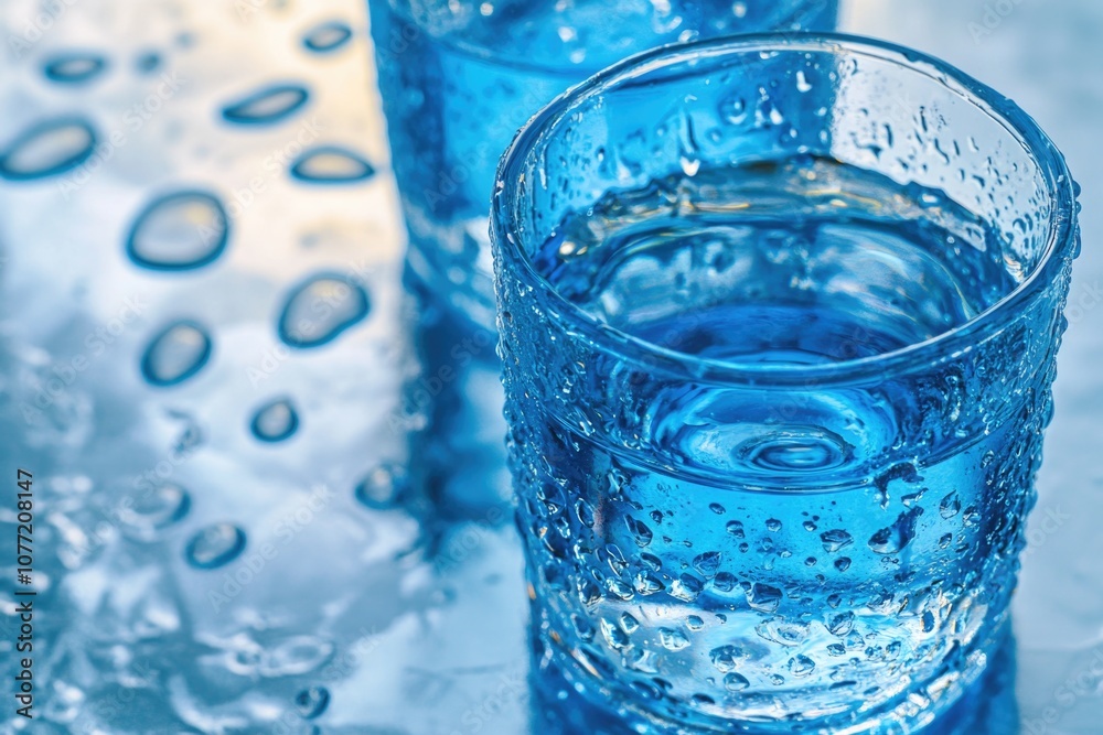 Poster a clear glass filled with water on a table, perfect for everyday use or as a decorative element