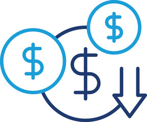 Obraz premium Cost Efficiency Icon – Dollar Sign with Downward Trend Arrow. Black Vector outline style