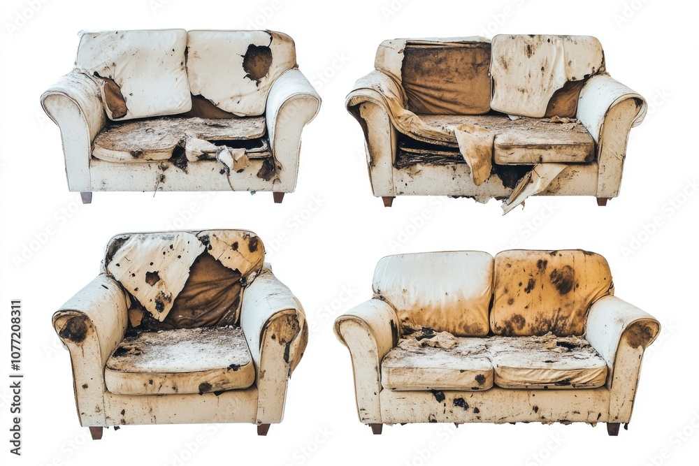 Poster four images of a worn-out couch with visible stains and tears