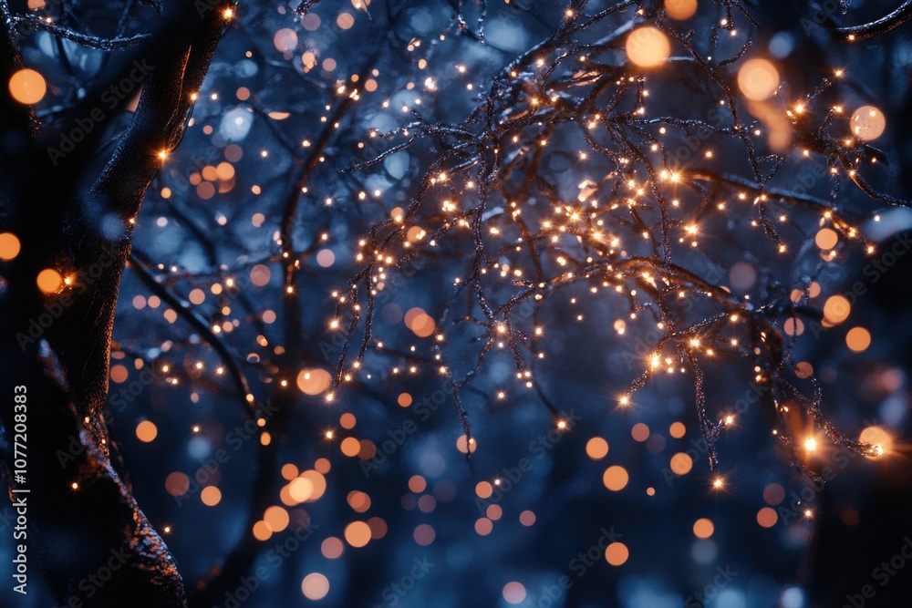 Poster a bunch of lights is hanging from a tree branch