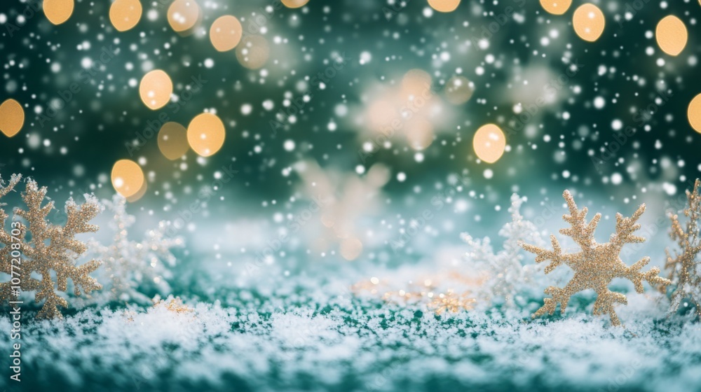 Poster golden snowflakes with white borders are resting on a snow-covered surface. there are blurred lights