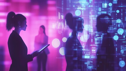 Diverse Colleagues Analyzing Global Business Data, Tech Network & Strategy on Digital Interface - HR Recruitment, Customer Connection & Teamwork Illustration