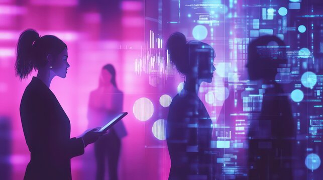 Diverse Colleagues Analyzing Global Business Data, Tech Network & Strategy on Digital Interface - HR Recruitment, Customer Connection & Teamwork Illustration