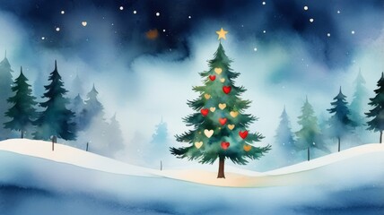 Obraz premium A beautifully decorated Christmas tree stands in the snow, surrounded by twinkling stars and a serene winter landscape.