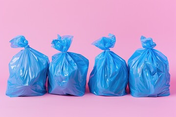 A row of blue garbage bags against a bright pink background, often used as a decorative or symbolic element