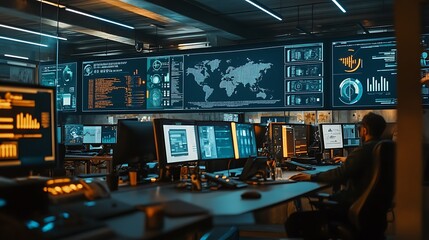 Obraz premium Man Working in a Dark Office with Multiple Monitors Displaying Data and a World Map