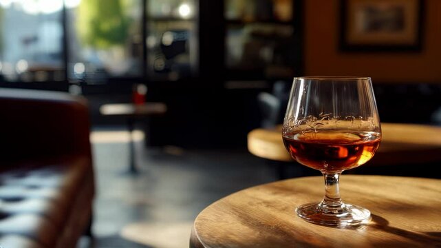 A close-up of a brandy glass on a wooden table in a warmly lit bar, with blurred seating in the background.
