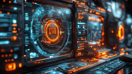 Obraz premium Futuristic interface with glowing orange and blue digital displays.