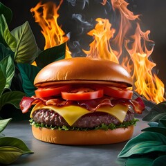 Levitation of a juicy tasty burger.