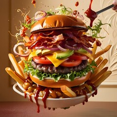 Levitation of a juicy tasty burger.