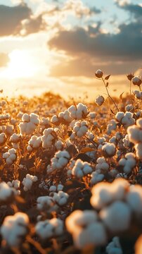 Beautiful cotton plants growing in the warmth of sunlight.