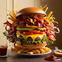 Levitation of a juicy tasty burger.