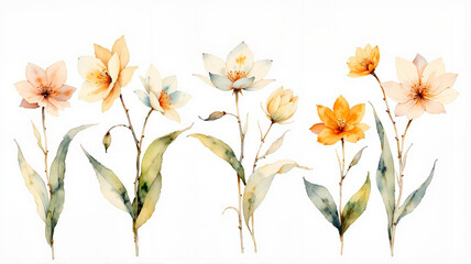 Obraz premium Elegant watercolor flowers on white background: nature’s subtle beauty