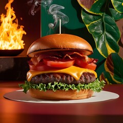 Levitation of a juicy tasty burger.