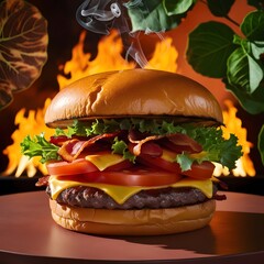 Levitation of a juicy tasty burger.