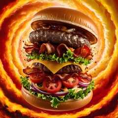 Levitation of a juicy tasty burger.