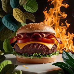 Levitation of a juicy tasty burger.