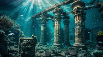 A mystical underwater temple, submerged ruins of ancient stone carvings covered in coral, with fish and marine life gracefully swimming around. 