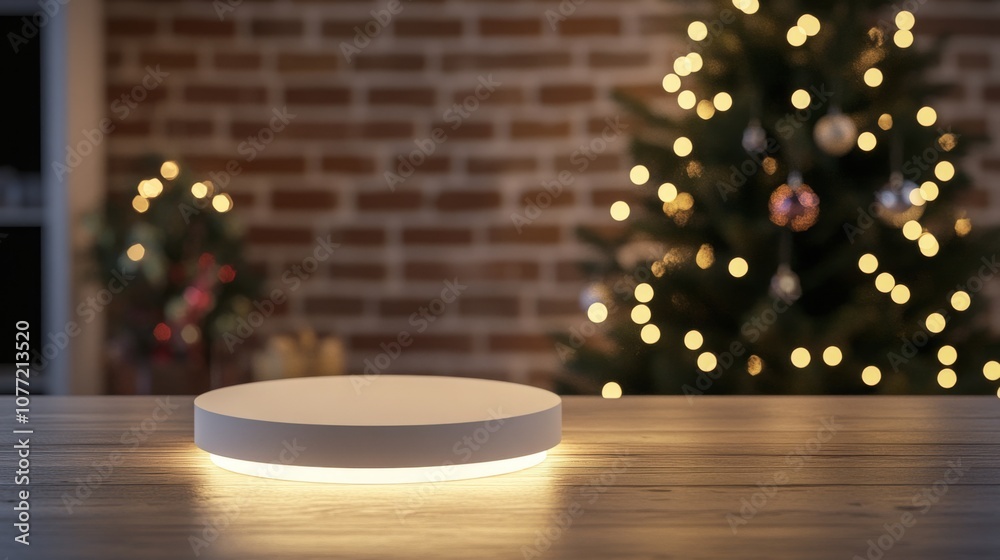 Poster a white, round platform with a glowing light sits on a wooden table. the background is blurred with 