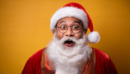Amazed Santa Claus Close-Up on Vintage Yellow Backdrop, Capturing a Playful Holiday Surprise.