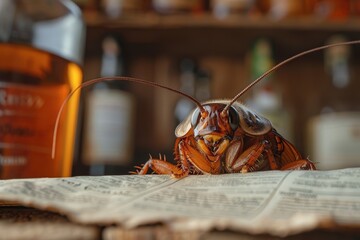 Information hygiene. A cockroach reading a newspaper in the kitchen