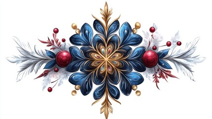 Christmas tree decoration. New Year's Eve pattern, blue, red and golden.