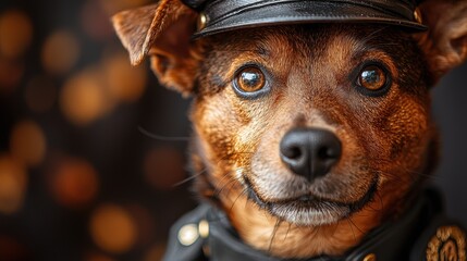 Obraz premium Adorable canine dressed in a police officer uniform with a shiny badge and a charming expression against a blurred autumn background