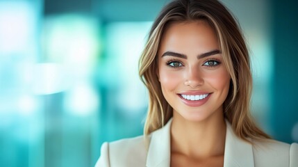 Fototapeta premium Portrait of beautiful young smiling business woman in office. Business and success concept. 