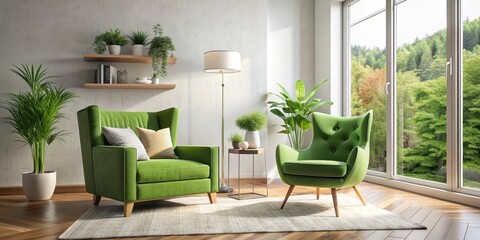 Fototapeta premium Bright and cozy modern living room featuring a stylish green armchair , modern, living room, bright, cozy