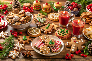Fototapeta premium A festive spread of decorated cookies, sweets, and drinks set among holiday decorations, capturing the essence of seasonal joy and celebration.