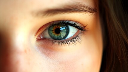 Fototapeta premium Close-up of a young woman's eye with green and brown iris.