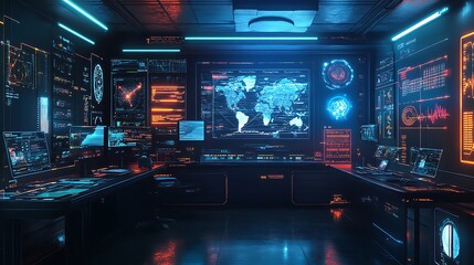Obraz premium Futuristic Tech Room with World Map Display and Multiple Monitors