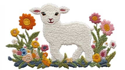 A white lamb standing in a field of colorful flowers, embroidered with fluffy yarn.