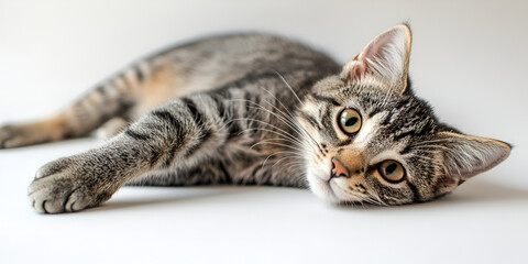 Tabby cat lying down and staring at the camera on a clean white background