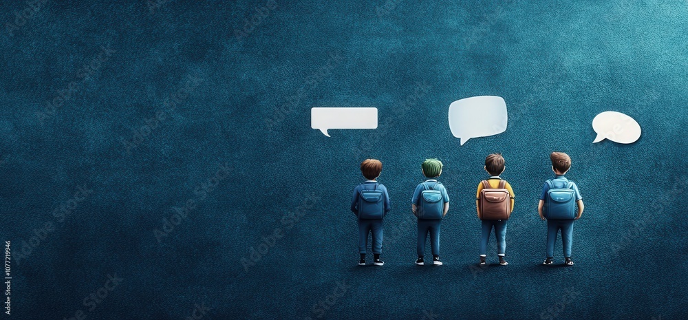 Poster a group of children stands in front of speech bubbles, symbolizing communication and expression agai