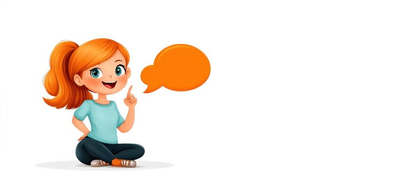A cheerful cartoon girl with orange hair sits with a speech bubble, suggesting she has something to say or share.