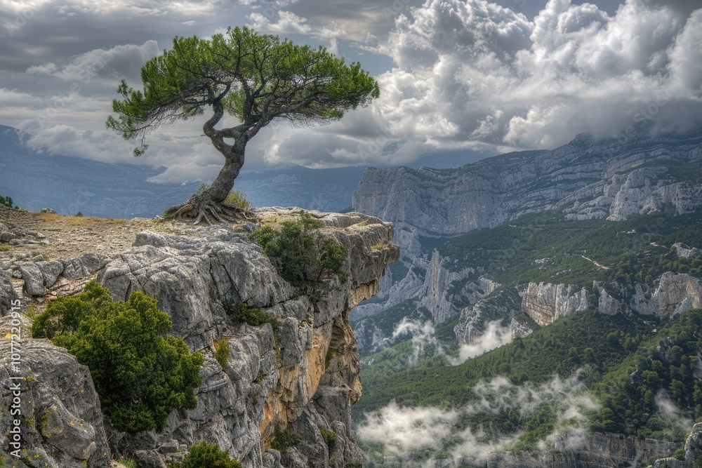 Poster a single tree standing at the edge of a cliff