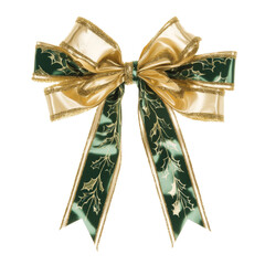 Gold and green christmas bow ribbon with leaf pattern on transparent and white background. Xmas holiday festive present wrapping. 