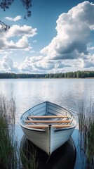 Obraz premium Glowing sunset sky over lake with solitary boat illustration.