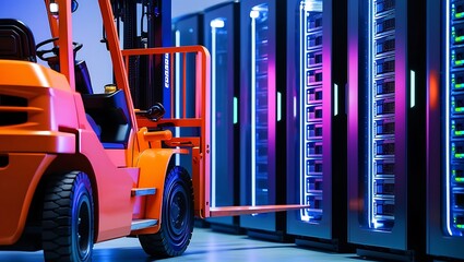 Forklift in a Futuristic Warehouse.surrounded by server racks and illuminated by blue lighting, creating futuristic atmosphere