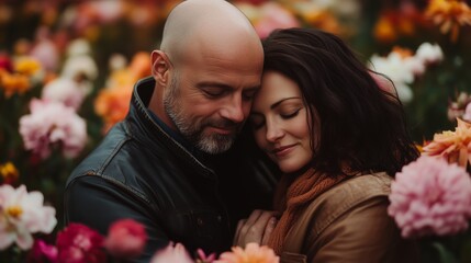 Obraz premium Couple embraces amid blooming flowers