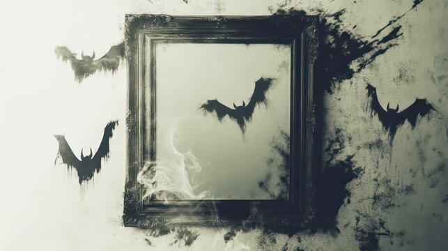 A haunted mirror with a ghostly figure and bats flying around it.