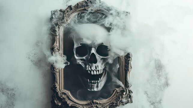A human skull in a vintage, ornate frame with smoke billowing out of it.