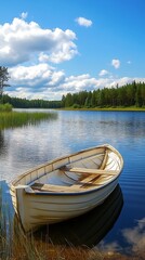 Obraz premium Solitary boat on still lake at sunset, vibrant colors above.