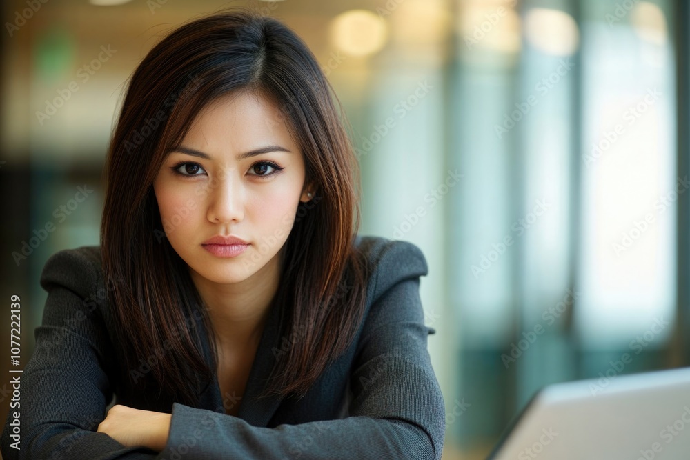 Poster a person sitting in front of a laptop computer with a neutral expression, possibly focused on work o
