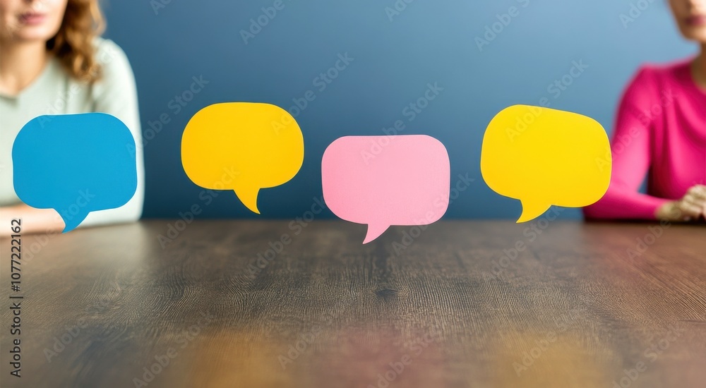 Poster meaningful conversations thrive in open discussions, two women sit at a table, with colorful speech 