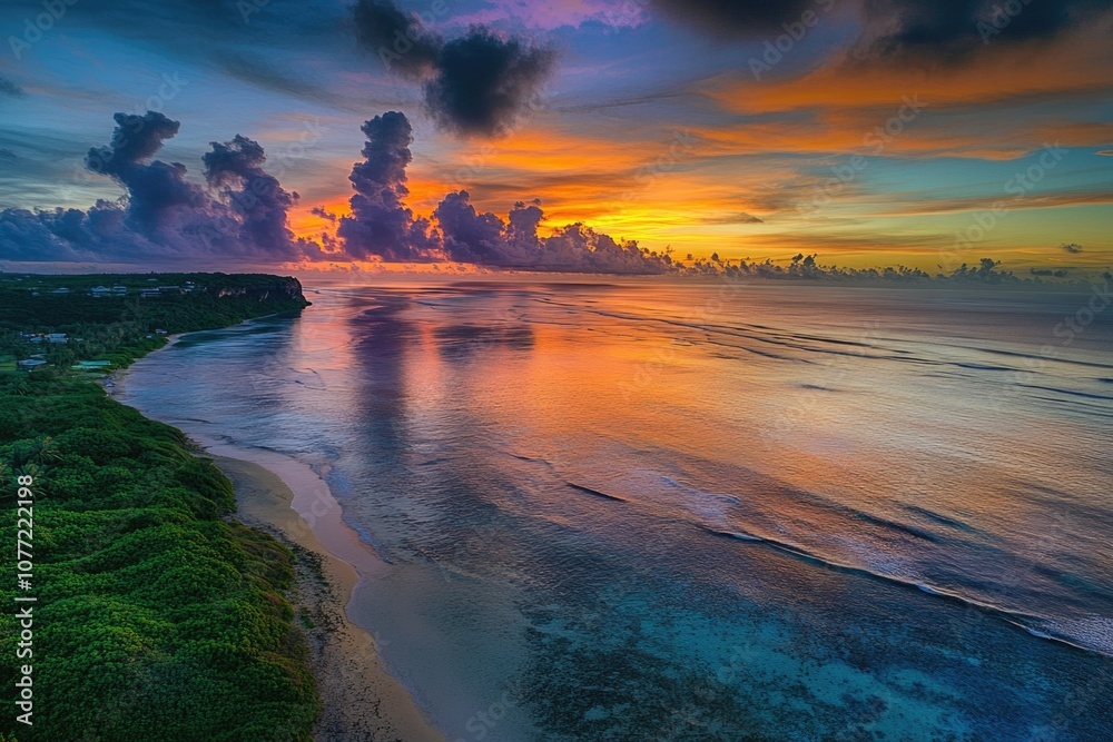 Poster A serene image of a sunset over the ocean with fluffy clouds, ideal for use in travel or nature-related projects